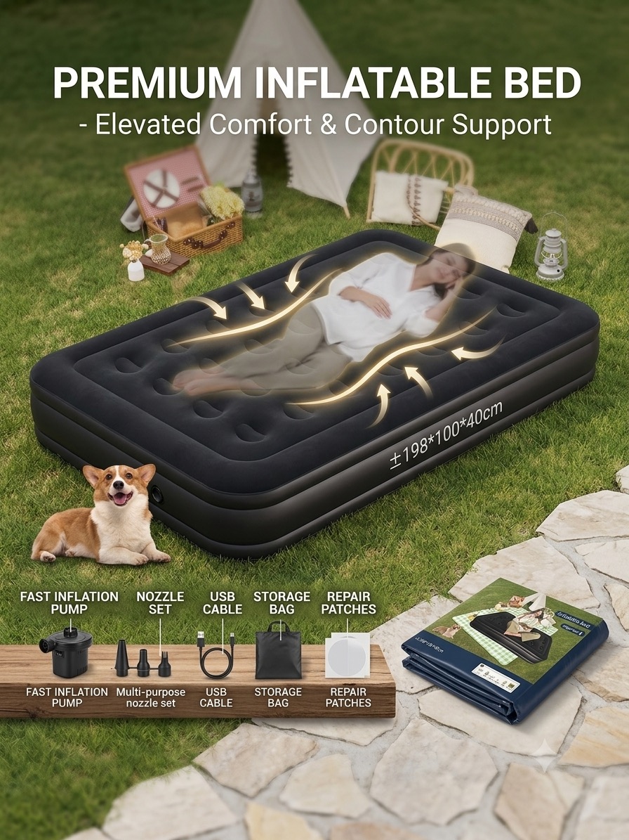 Premium Single Size Inflatable Air Bed (198cm × 100cm × 40cm) Air Mattress with Built-in Electric Pump