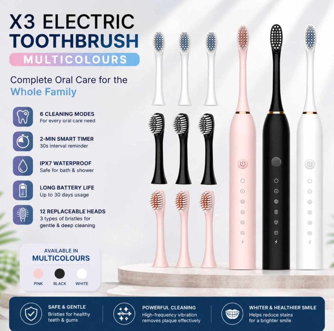 X-3 Sonic Electric Toothbrush | USB Rechargeable | IPX7 Waterproof | 6 Cleaning Modes